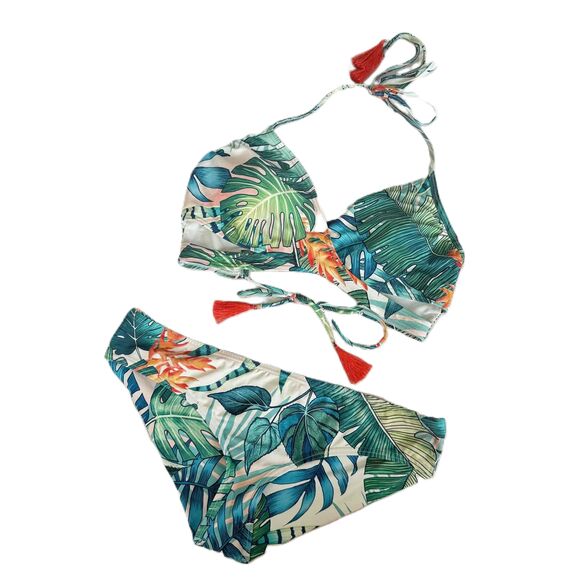 Vince Camuto Bikini Set Medium M Leaf Pattern Halter Tassel Tropical - Picture 3 of 12